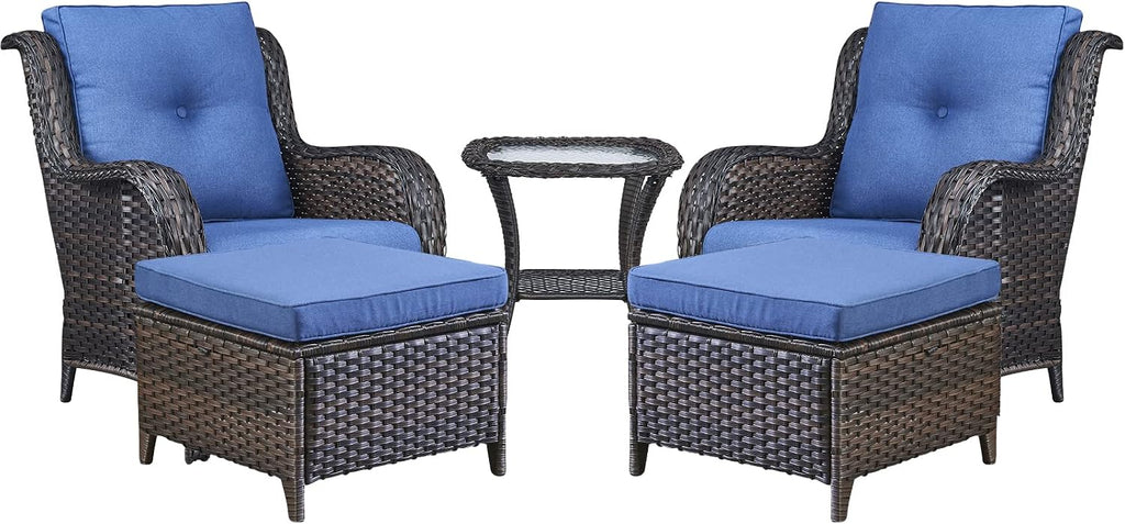 Rilyson Wicker Patio Furniture Set - 5 Piece Rattan Outdoor Sectional Conversation Sets with 2 Chairs,2 Ottomans and 1 Side Table for Porch Deck Garden(Brown/Blue)
