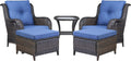 Rilyson Wicker Patio Furniture Set - 5 Piece Rattan Outdoor Sectional Conversation Sets with 2 Chairs,2 Ottomans and 1 Side Table for Porch Deck Garden(Brown/Blue)