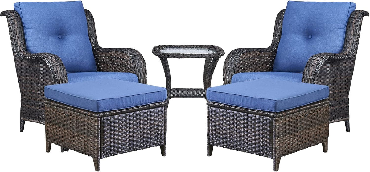 Rilyson Wicker Patio Furniture Set - 5 Piece Rattan Outdoor Sectional Conversation Sets with 2 Chairs,2 Ottomans and 1 Side Table for Porch Deck Garden(Brown/Blue)