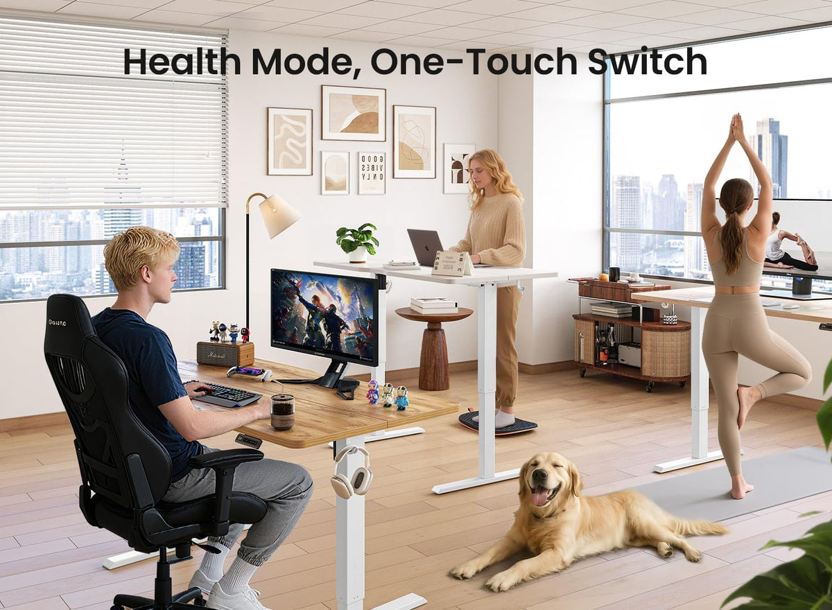 BANTI 40 × 24 Inches Standing Desk, Ergonomic, Electric Height Adjustable, Sit and Stand Up, Computer Office Desk with Splice Board, White Frame/Maple Top