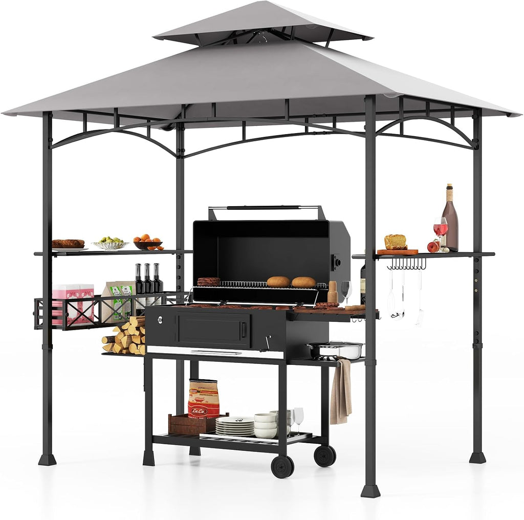 Tangkula 8x5 Ft Grill Gazebo, 2-Tier Barbecue Gazebo with 2 Shelves, 10 Hanging Hooks, Bottle Opener & Storage Basket, Outdoor Grill Canopy for Backyard Garden Poolside (Grey)