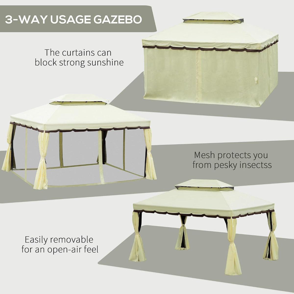 Outsunny 10' x 13' Patio Gazebo, Outdoor Gazebo Canopy Shelter with Netting and Curtains, Aluminum Frame for Garden, Lawn, Backyard and Deck, Cream White