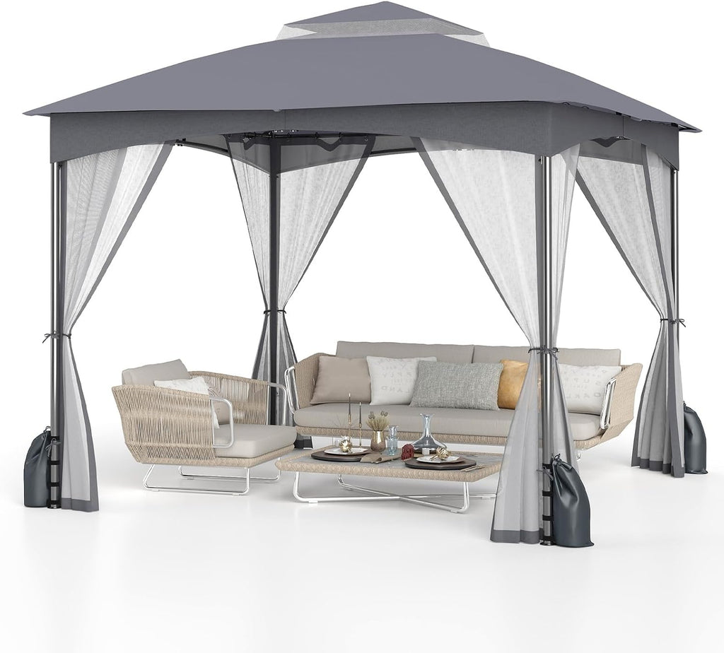 Tangkula 10x10 FT Outdoor Gazebo with Netting, Double Roof Patio Shelter with 4 Sandbags, Zippered Doors, Heavy-Duty Metal Frame, Metal Patio Gazebo for Yard Garden Lawn (Grey)