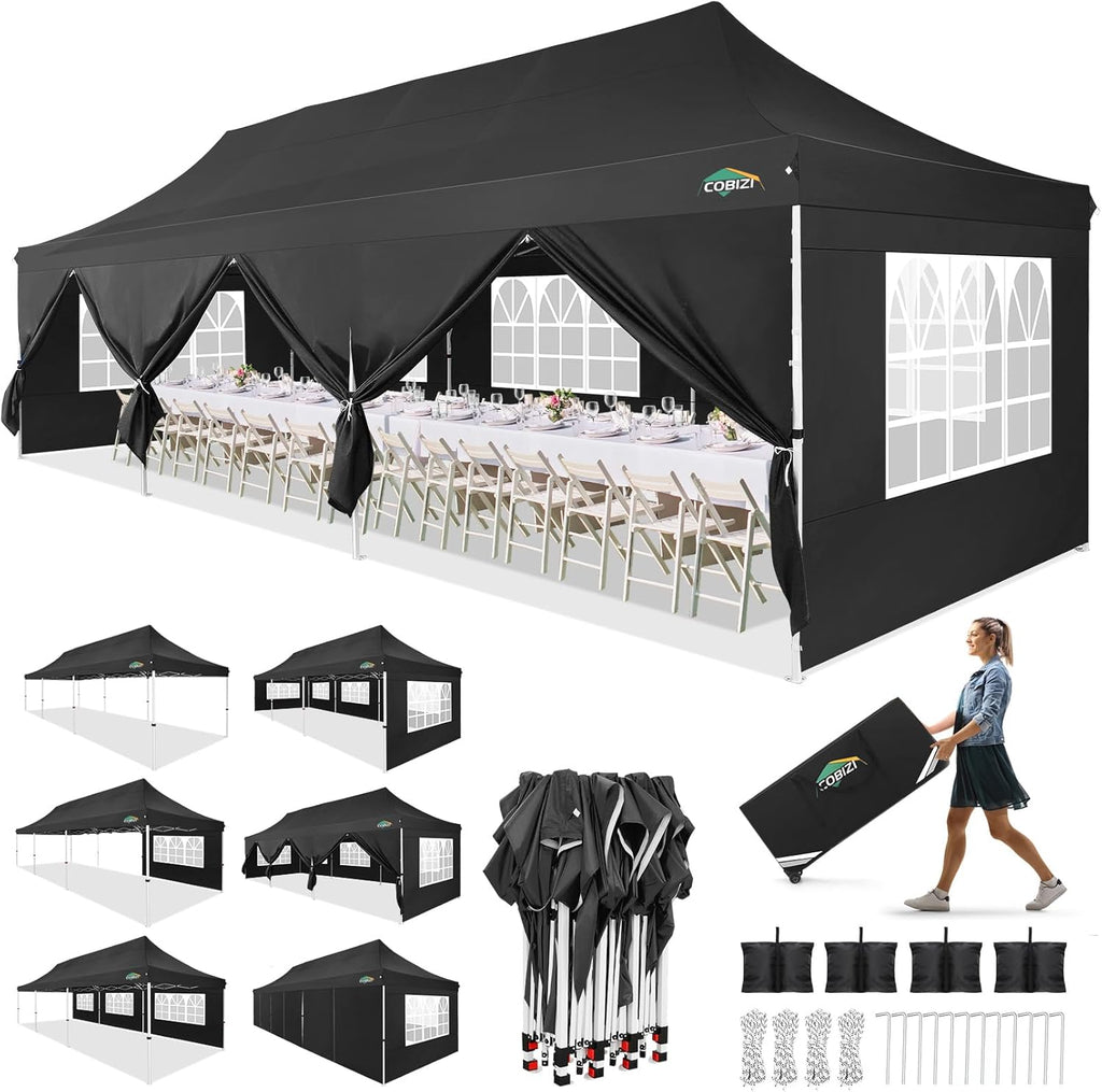 COBIZI 10x30 Pop up Canopy with Roller Bag & 8 Removable Sidewalls, Canopy Tent for Parties, Wedding, and Commercials, Waterproof and Instant Shelter UV50+ Outdoor Gazebo with 4 Sandbags(Black)