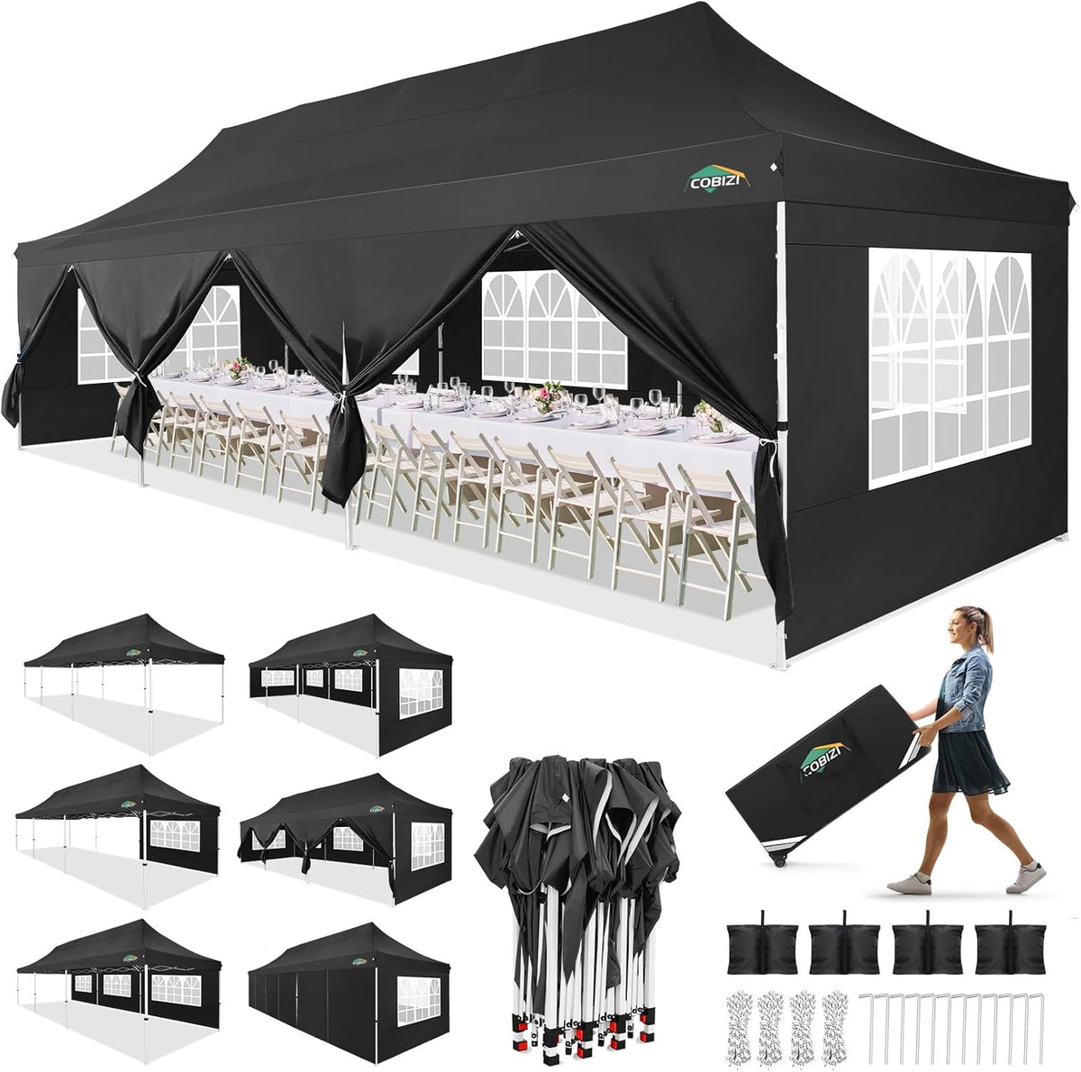 COBIZI 10x30 Pop up Canopy with Roller Bag & 8 Removable Sidewalls, Canopy Tent for Parties, Wedding, and Commercials, Waterproof and Instant Shelter UV50+ Outdoor Gazebo with 4 Sandbags(Black)