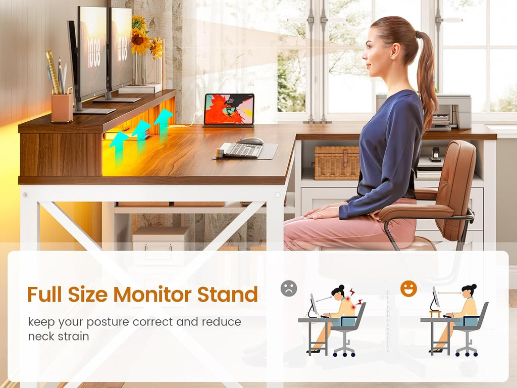 SEDETA Farmhouse L Shaped Desk, 55' Home Office Desk with Drawers and Storage Shelves, L Shaped Gaming Desk with LED Lights, Power Outlet and Monitor Shelf, Brown