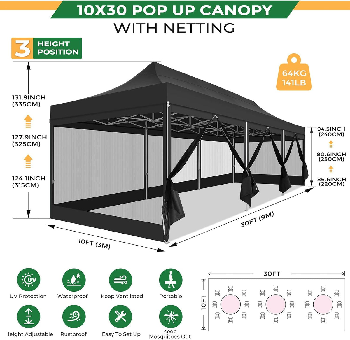 COBIZI 10x30 Heavy Duty Pop Up Canopy Tent with 8 Sidewalls, Easy Set Up Outdoor Waterproof Screen Commercial Party Tent with Mosquito Netting for Parties Backyard Patio, Roller Bag, Black
