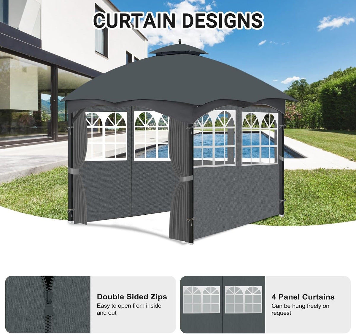10'x12' Gazebo Curtains Outdoor Waterproof with PVC Windows, 4-Panel Sidewalls Universal Replacement Privacy Curtain, Outdoor Curtains for Patio, Backyard (Grey)
