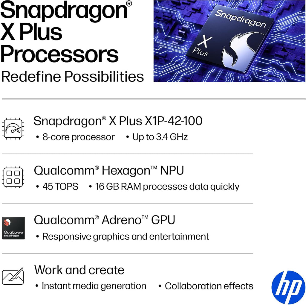 HP OmniBook 5 14 inch Next Gen AI PC, OLED Display, Snapdragon X Plus X1P-42-100, 16 GB RAM, 1 TB SSD, Qualcomm Adreno GPU, Windows 11 Home, Glacier Silver, 14-he0099nr