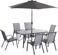 Outsunny 8 Pieces Patio Furniture Set with 9Ft Patio Umbrella, Outdoor Dining Table and Chairs, 6 Chairs, Push Button Tilt and Crank Parasol, Tempered Glass Top, Gray