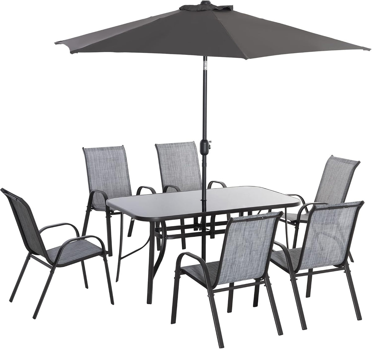 Outsunny 8 Pieces Patio Furniture Set with 9Ft Patio Umbrella, Outdoor Dining Table and Chairs, 6 Chairs, Push Button Tilt and Crank Parasol, Tempered Glass Top, Gray