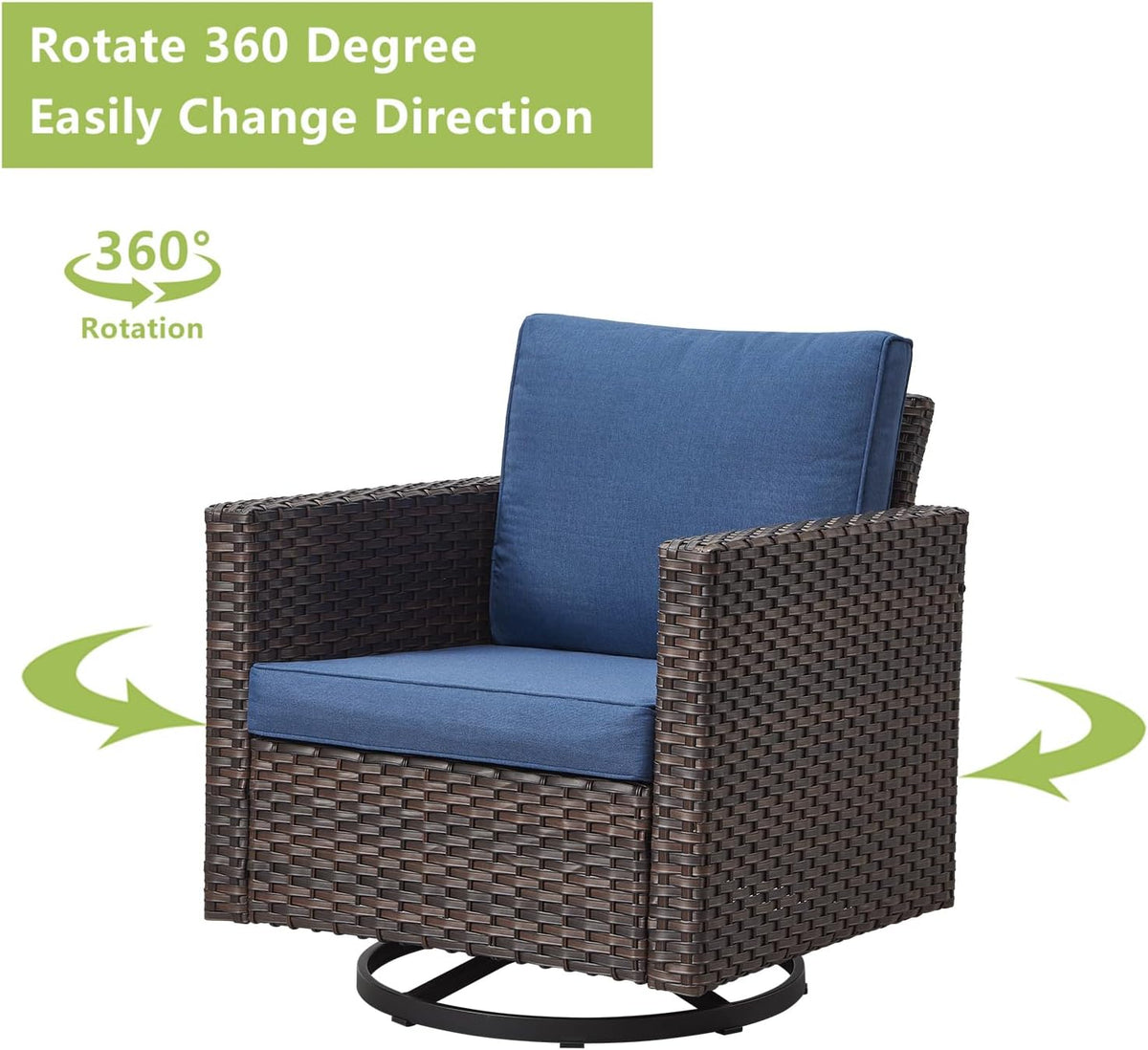Luxury Wicker Outdoor Patio Furniture Set - 6 Piece Patio Conversation Set with 2 Swivel Rocker Chairs,2 Rattan Ottoman,1 Couch and 1 Metal Coffee Table for Outside Porch Deck Backyard(Brown/Blue)