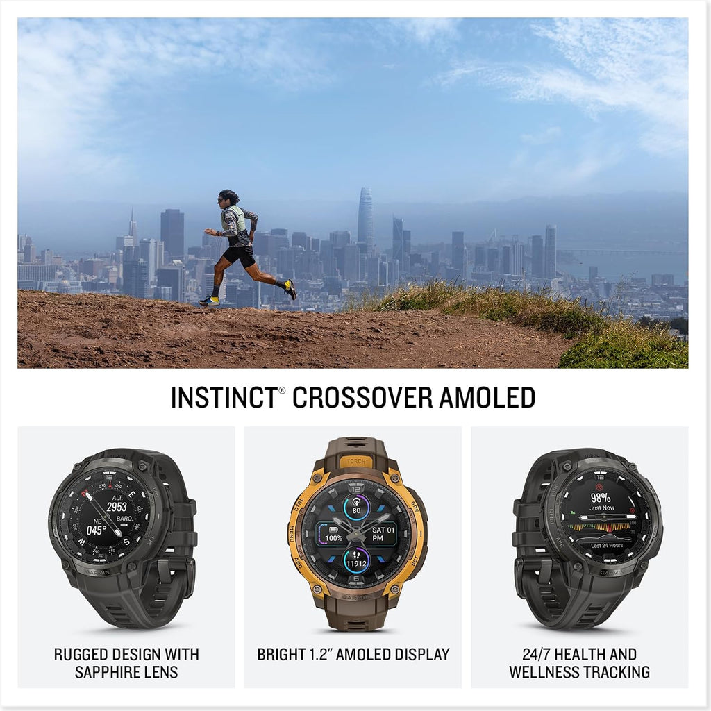 Garmin Instinct® Crossover AMOLED, Rugged Hybrid GPS Smartwatch with Analog Watch Hands and Bright AMOLED Display, Charcoal with Charcoal Silicone Band