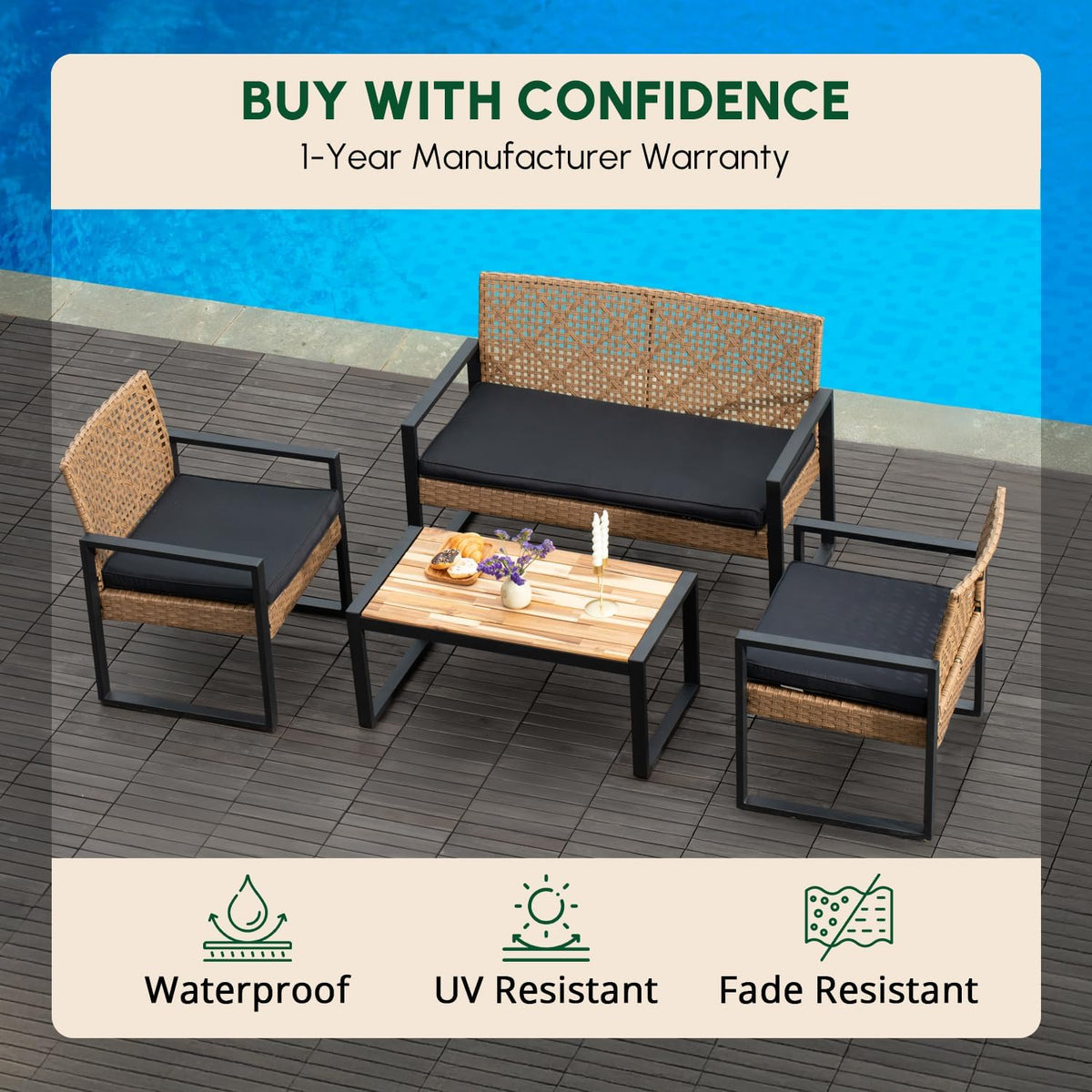 BEEFURNI Wicker Patio Furniture Outdoor Conversation Set of 4, Rattan Outdoor Furniture Set, Acacia Wood Table, 2 Chairs, 1 Loveseat, 2' Cushions, All Weather Set for Patio, Porch, Balcony (Brown)