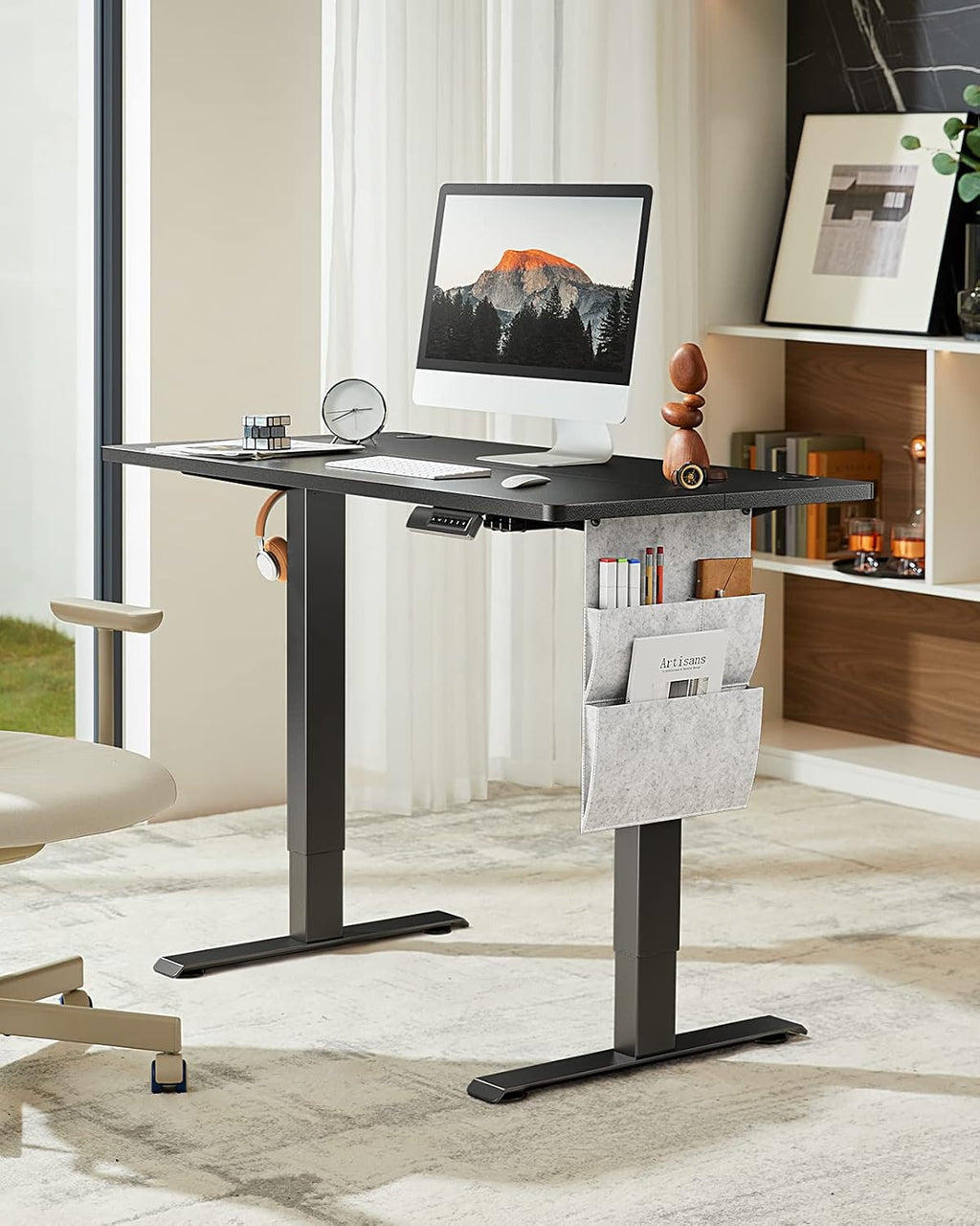 Marsail Electric Adjustable Height Standing Desk with Storage Bag, 48 * 24' Sit Stand Up Desk for Home Office,Computer Gaming Workstation, 4 Memory Height Settings,Cable Manager, and Headphone Hook