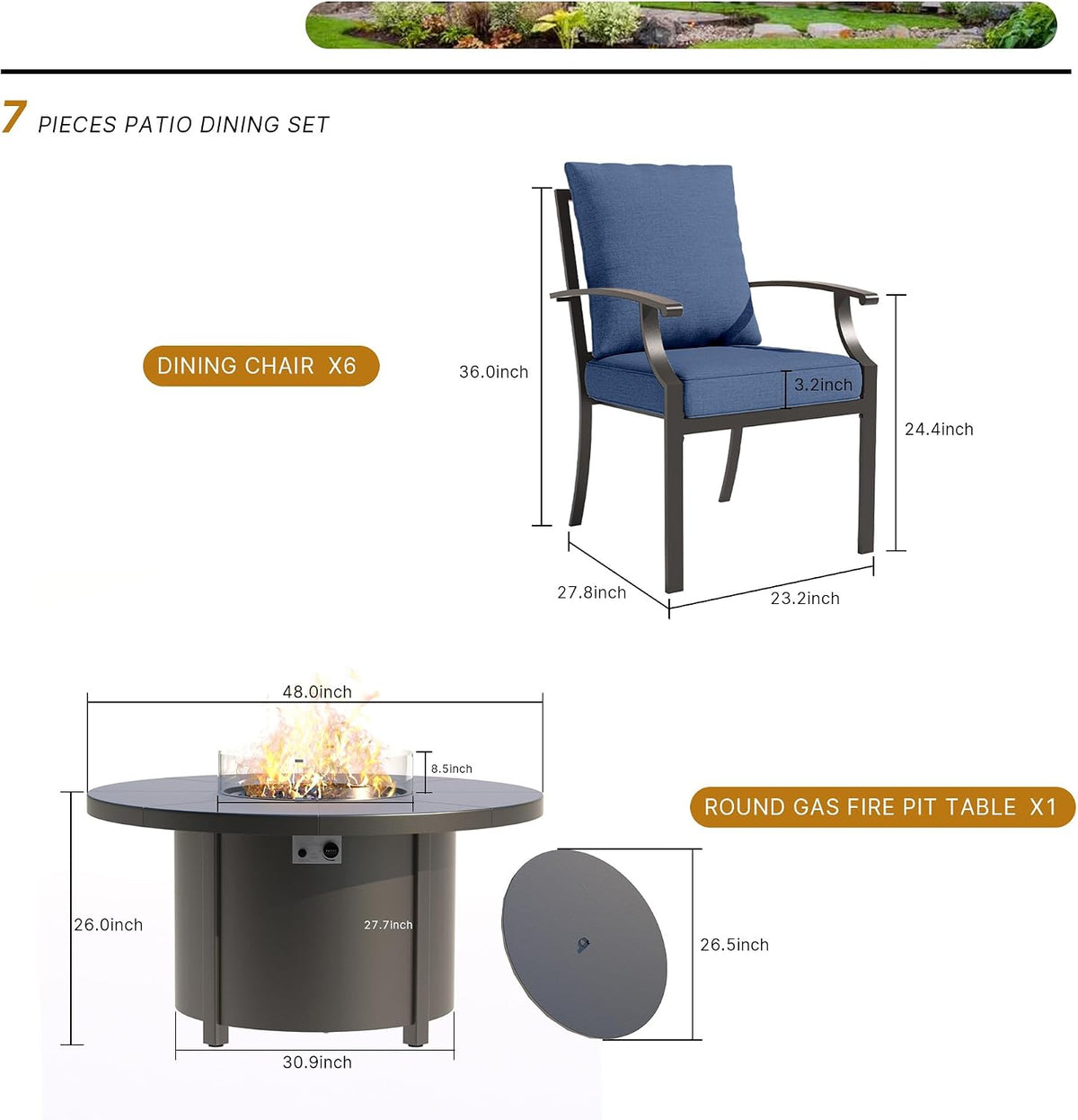 7 Pcs Outdoor Patio Furniture Set with 48'/55000 BTU Outdoor Round Propane Fire Pit Table,Patio Conversation Sets 6 Fixed Chairs No-Slip Cushions and Waterproof Covers,NavyBlue