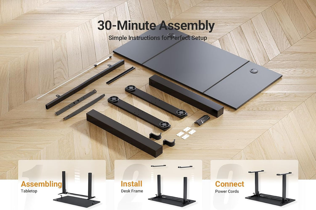 Seang Electric Standing Desk Adjustable Height, 48 x 24 Inch Sit Stand Desk with T-Shaped Frame, 3 Memory Presets & Cable Management for Home Office Computer Workstation, Black Frame/Black Top