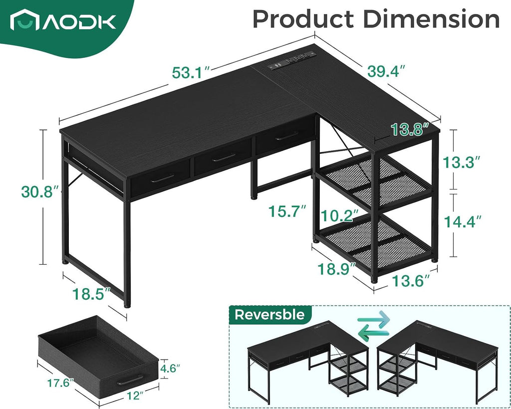 AODK 53 Inch L Shaped Computer Desk with Drawers, Corner Desk with Power Outlets & Reversible Storage Shelves, for Home Office Gaming, Black