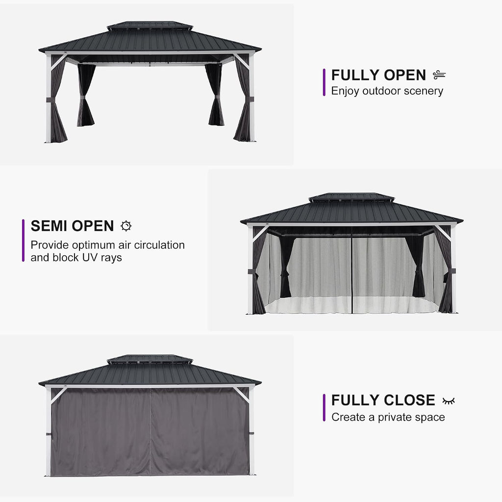 PURPLE LEAF 12' X 16' Hardtop Gazebo Metal Double Roof White Aluminum Frame Outdoor Heavy Duty Gazebo with Curtain and Netting for Patio Garden and Backyard, Grey