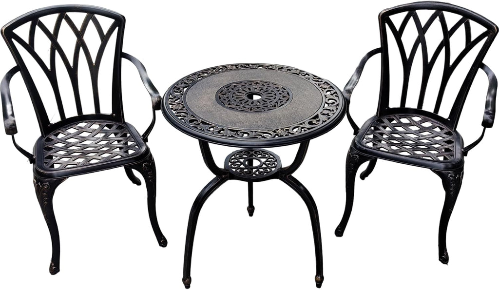 KAILI 3 Piece Bistro Table Set Cast Aluminum Outdoor Patio Furniture with Chair with armrests (Bronzed)