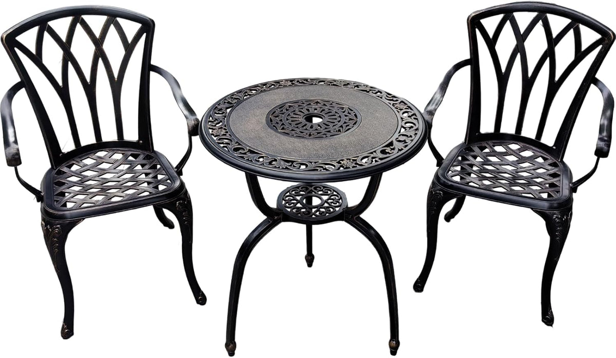 KAILI 3 Piece Bistro Table Set Cast Aluminum Outdoor Patio Furniture with Chair with armrests (Bronzed)
