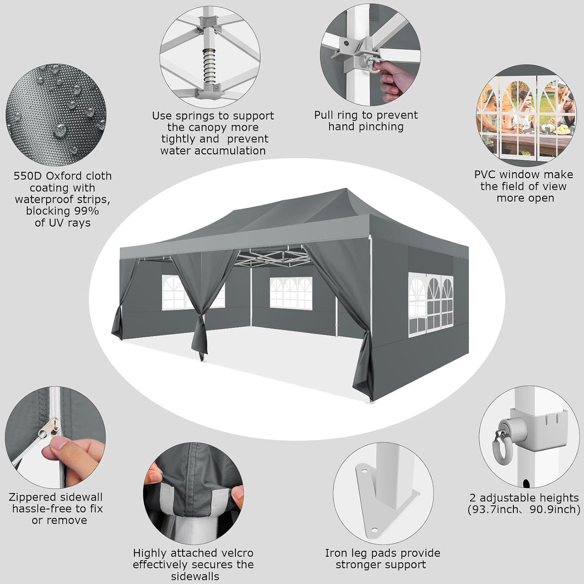COBIZI 13x26 Heavy Duty Pop Up Canopy Tent with 6 Sidewalls Thicken Frame, Commercial Easy Up Outdoor Wedding Party Tents, All Season Waterproof Windproof with Stakes Sandbags Ropes Roller Bag, Gray