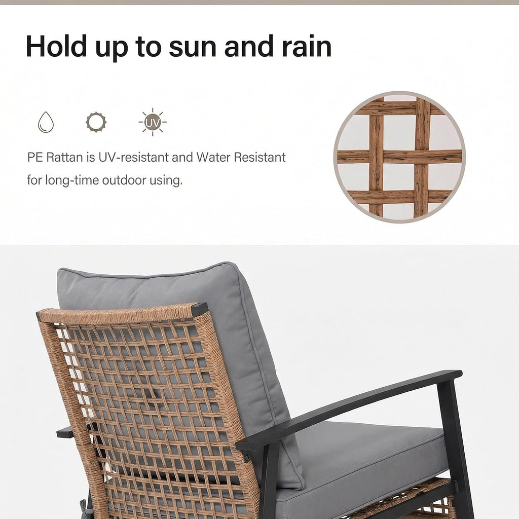 LAUSAINT HOME 3-Piece Rocking Bistro Set, Outdoor Patio Furniture with Thick Cushions and 2-Tier Coffee Table, Oversize Rattan Conversation Set for Garden, Balcony, Backyard (Grey)