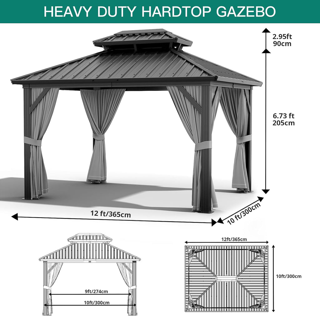 12'x10' Hardtop Gazebo, Heavy Duty Aluminum Permanent Hardtop Gazebo Outdoor Pavilion with Curtains and Netting for Garden