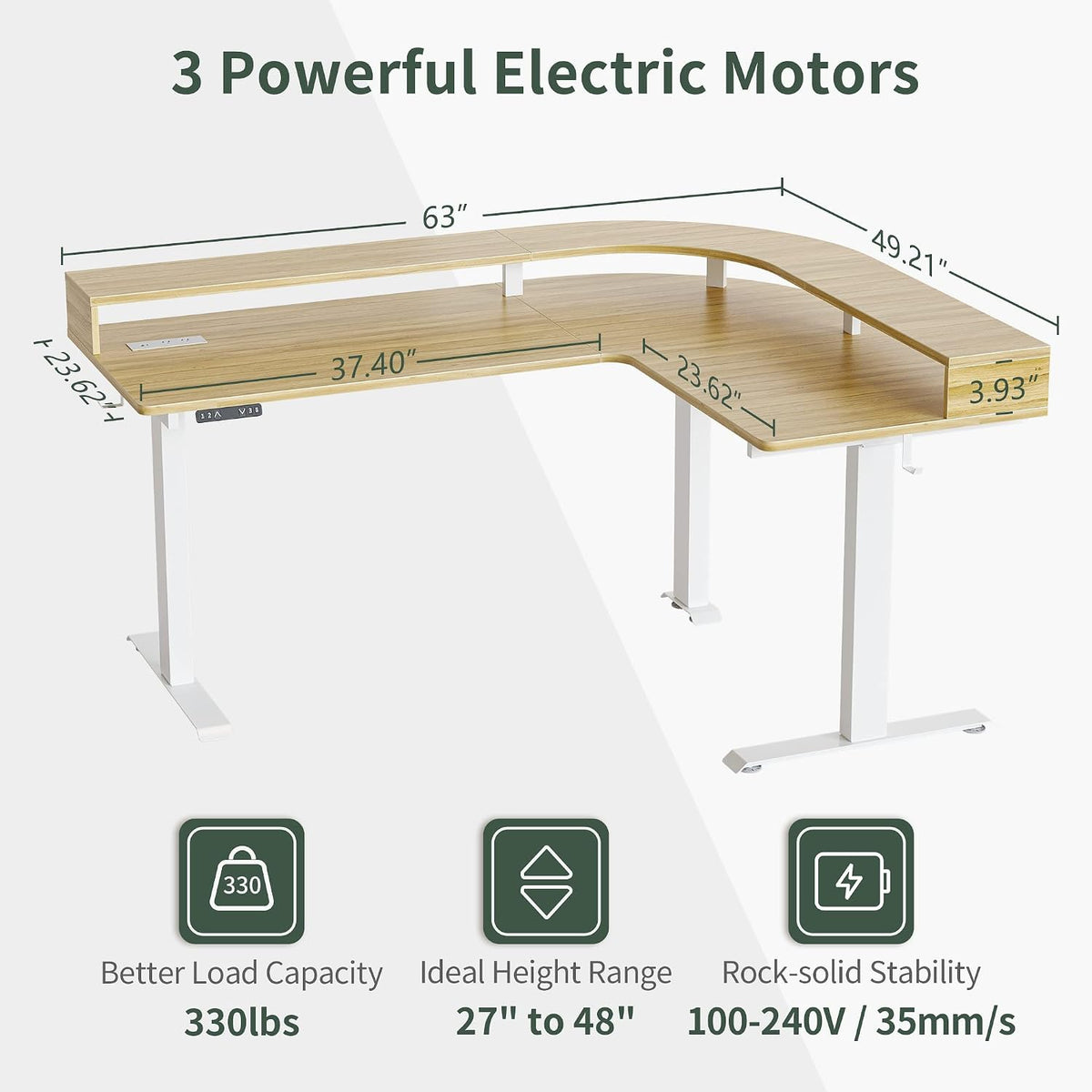 FEZIBO Triple Motor L Shaped Stadning Desk with LED Strip & Power Outrlets，63 inches Height Adjustable Stand up Corner Desk with Ergonomic Monitor Stand, White Frame/Natural Top