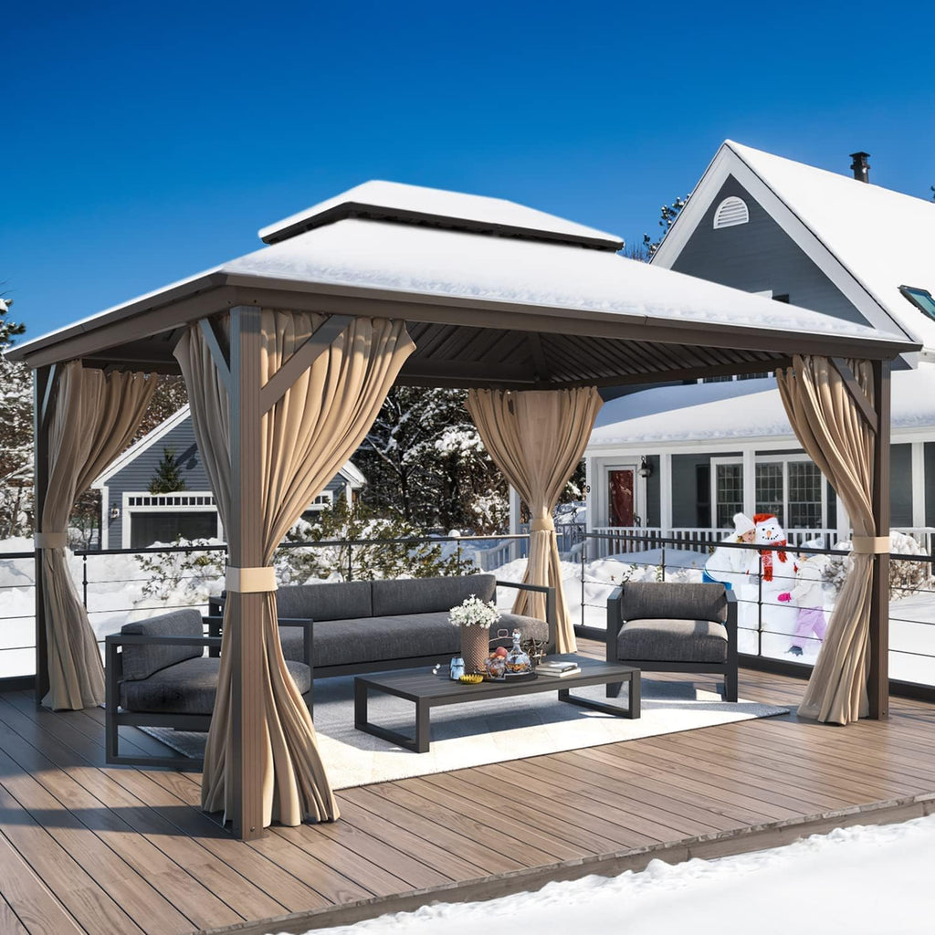 YOLENY 10' x 12' Hardtop Gazebo with Double Galvanized Steel Roof & Gutters, Aluminum Frame Pergolas with Curtains and Netting, Metal Outdoor Gazebos for Patios, Garden, Lawns, Parties