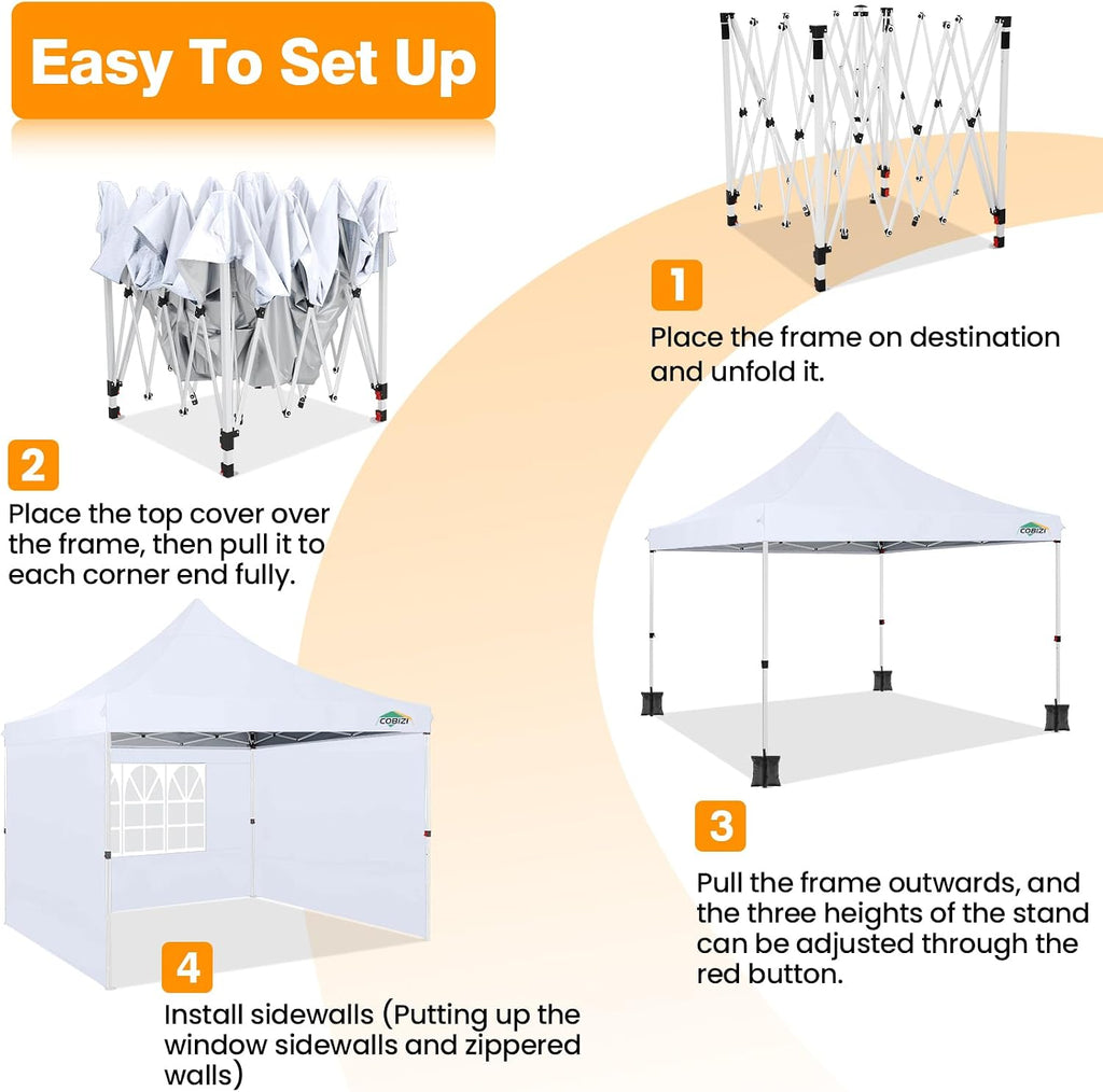 COBIZI 10x10 Pop Up with 3 Sidewalls, Canopy Tent 10x10 for Parties, Backyard, Commercial, Waterproof and Portable Instant Shelter UV50+ Outdoor Canopy Gazebo with 4 Sandbags(White)