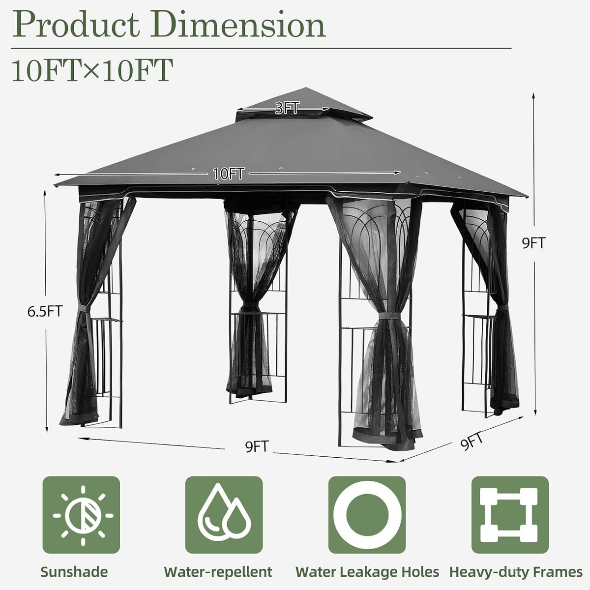 ECOTOUGE Outdoor Gazebo 10'x10', Heavy Duty Canopy Tent with Soft Double Roofs & Metal Corner Frame Shelves, Party Tent Shelter with Mosquito Netting for Patio, Deck, Backyard, Grey
