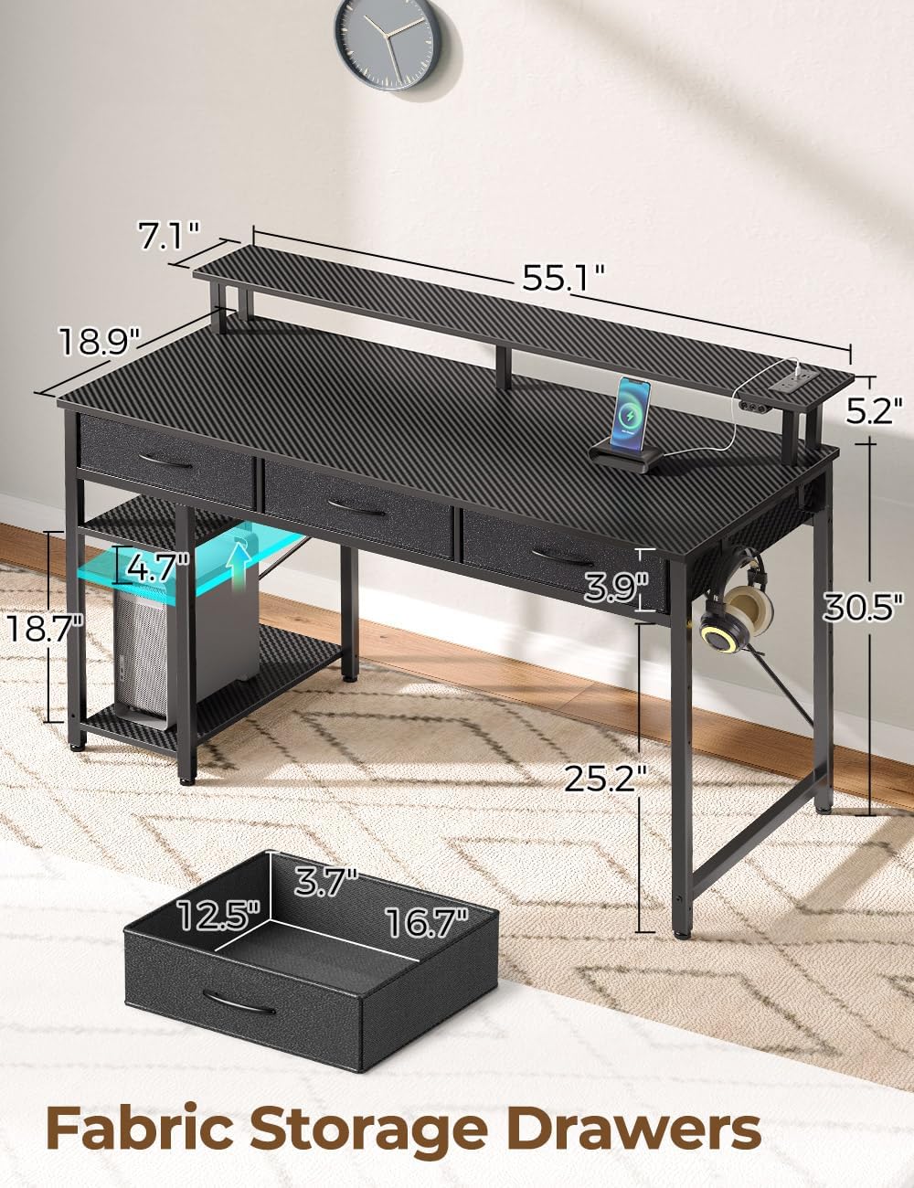 Rolanstar Computer Desk with Power Outlets & LED Light, 55 inch Home Office Desk with 3 Drawers and Storage Shelves, Writing Desk with Monitor Stand, Modern Work Desk for Home Office, Carbon Black