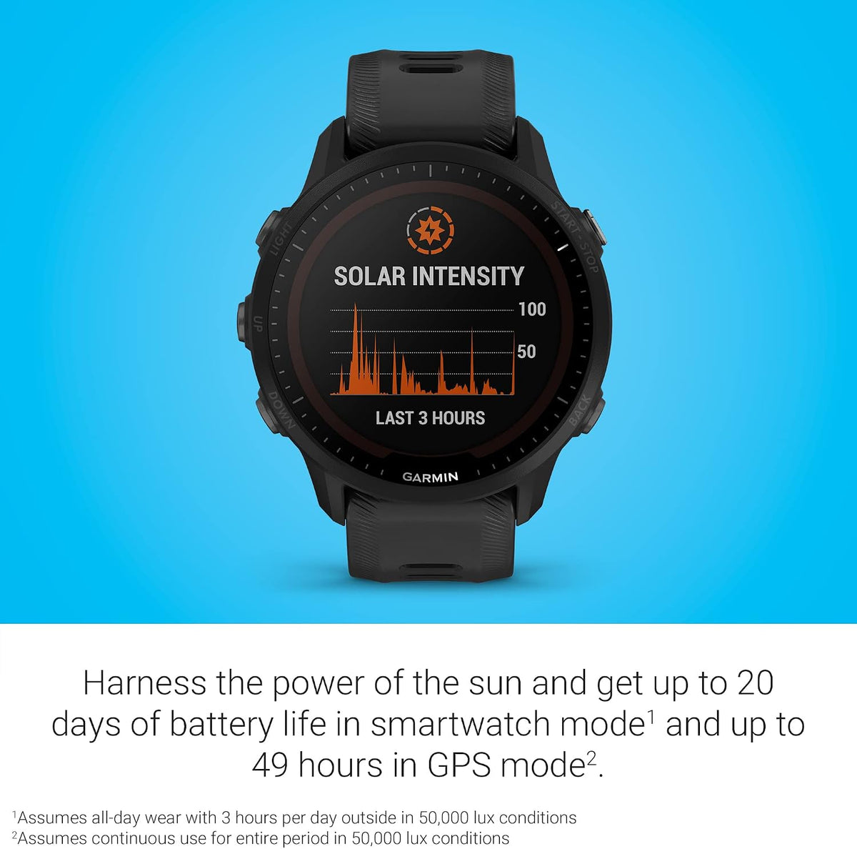 Garmin Forerunner® 955 Solar, GPS Running Smartwatch with Solar Charging Capabilities, Tailored to Triathletes, Long-Lasting Battery, Black - 010-02638-00
