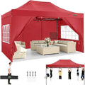 COBIZI 10x15 Heavy Duty Pop Up Canopy Tent with 4 Sidewalls Thicken Frame, Commercial Easy Up Outdoor Wedding Party Tents, All Season Waterproof Windproof with Stakes Sandbags Ropes Bag, Red