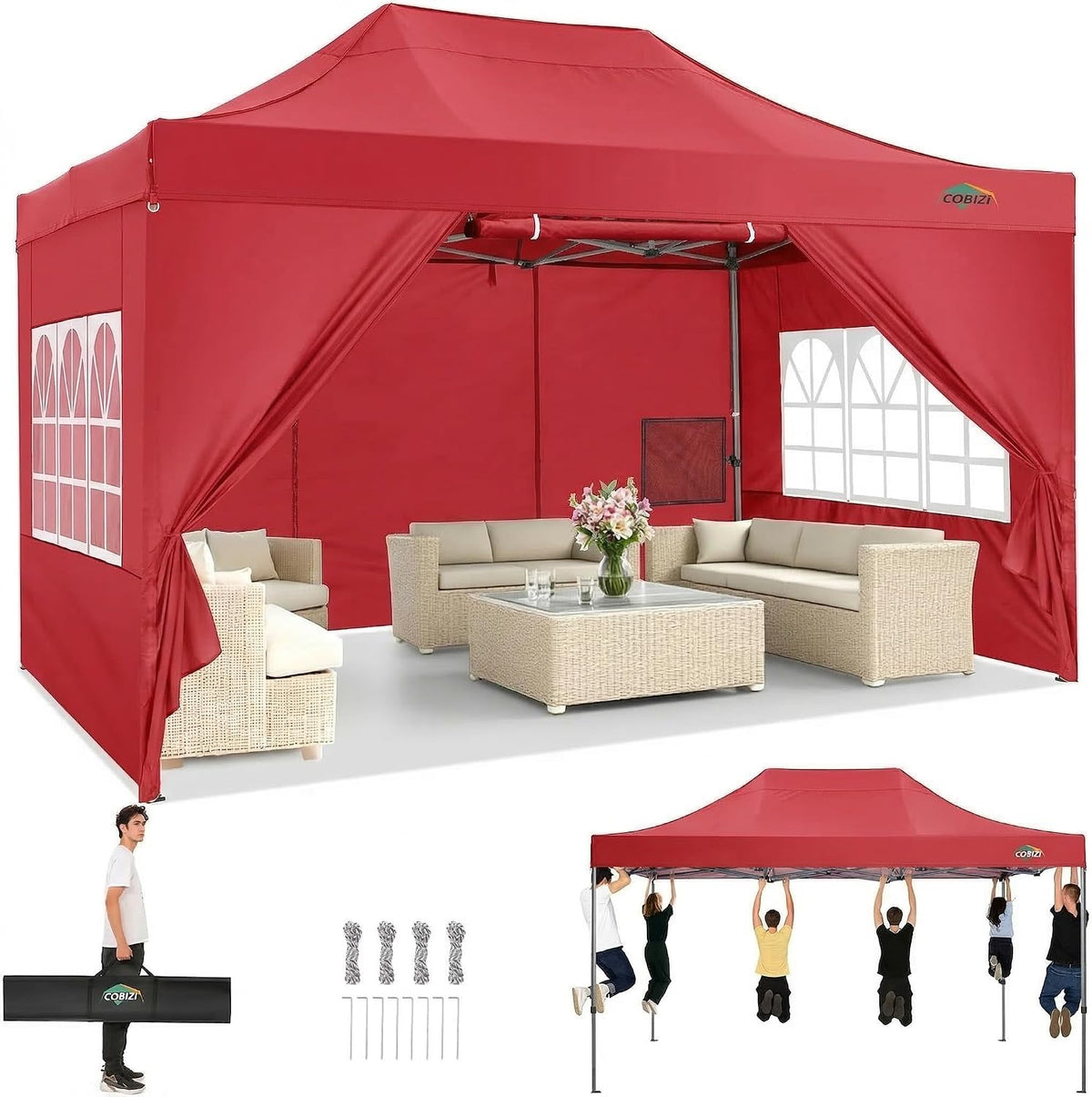 COBIZI 10x15 Heavy Duty Pop Up Canopy Tent with 4 Sidewalls Thicken Frame, Commercial Easy Up Outdoor Wedding Party Tents, All Season Waterproof Windproof with Stakes Sandbags Ropes Bag, Red