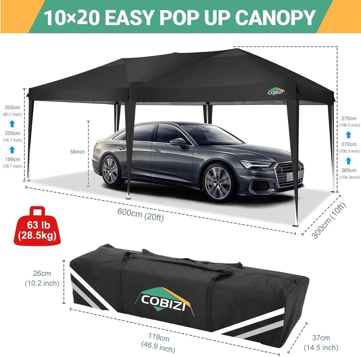 COBIZI Canopy 10x20 Pop Up Canopy with 6 Sidewalls,Waterproof Canopy Outdoor Event Shelter UPF 50+ Gazebo Portable Tents for Parties Beach Camping Wedding Commercial Instant Easy up Canopy 10x20,Black