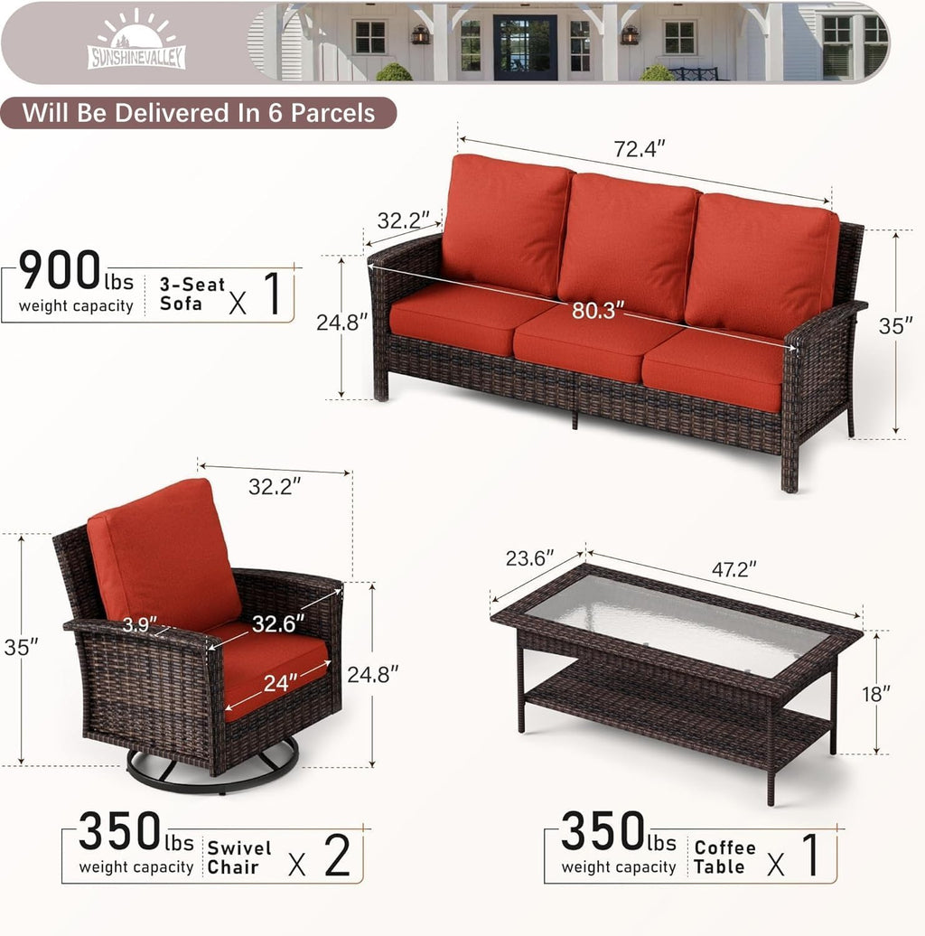 SUNSHINE VALLEY Patio Furniture Set with Swivel Chairs, High Back Wicker Rattan Furniture with 5.5' Thick Cushions and Coffee Table, Outdoor Conversation Set for Backyard Deck, 5 Seats, Red