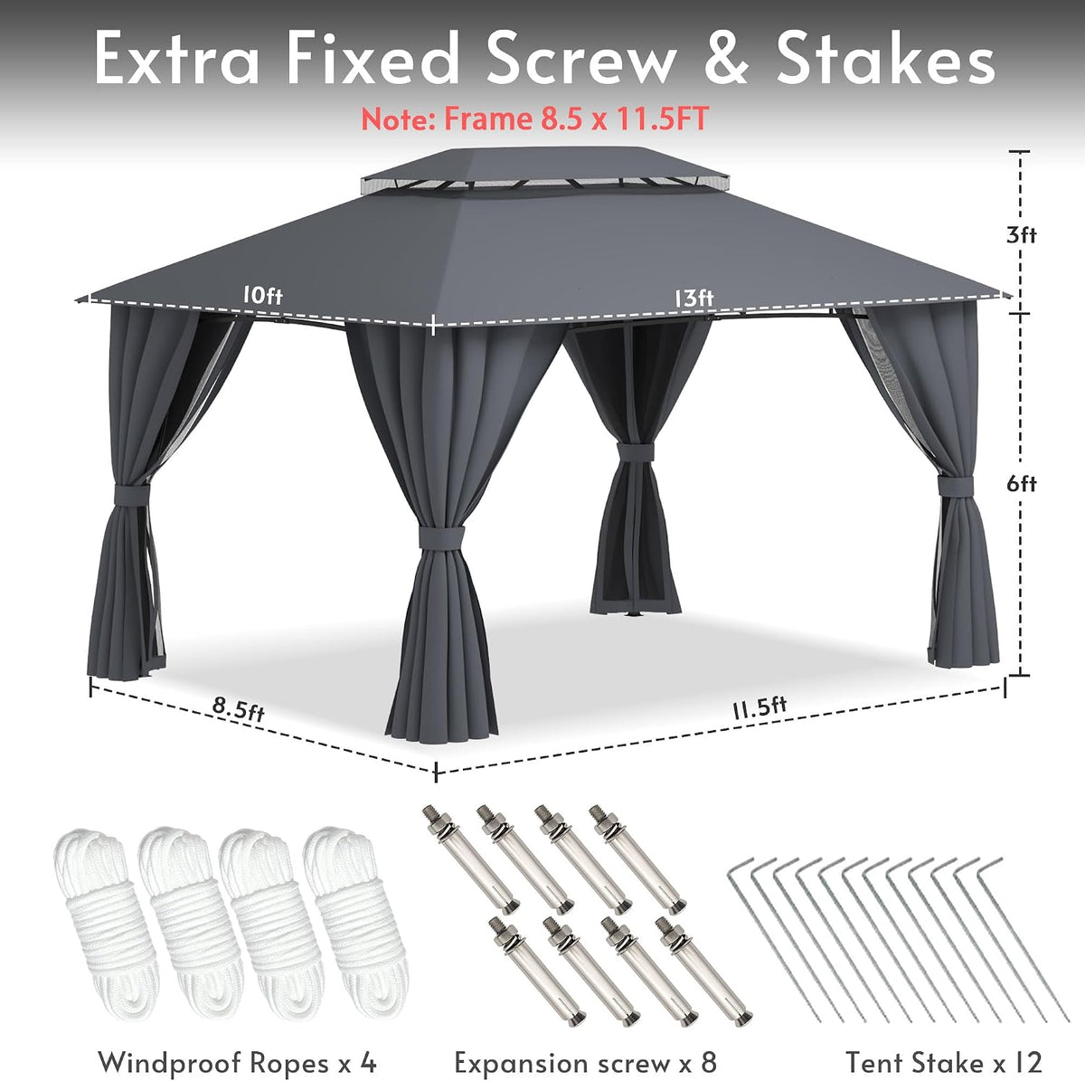 Gazebo 10x13(Canopy Size) with Mosquito Netting & Privacy Screens. Double Roof Design Outdoor Gazebo with Powder-Coated Metal Frame for Patio, Deck, Backyard, Garden & Lawns