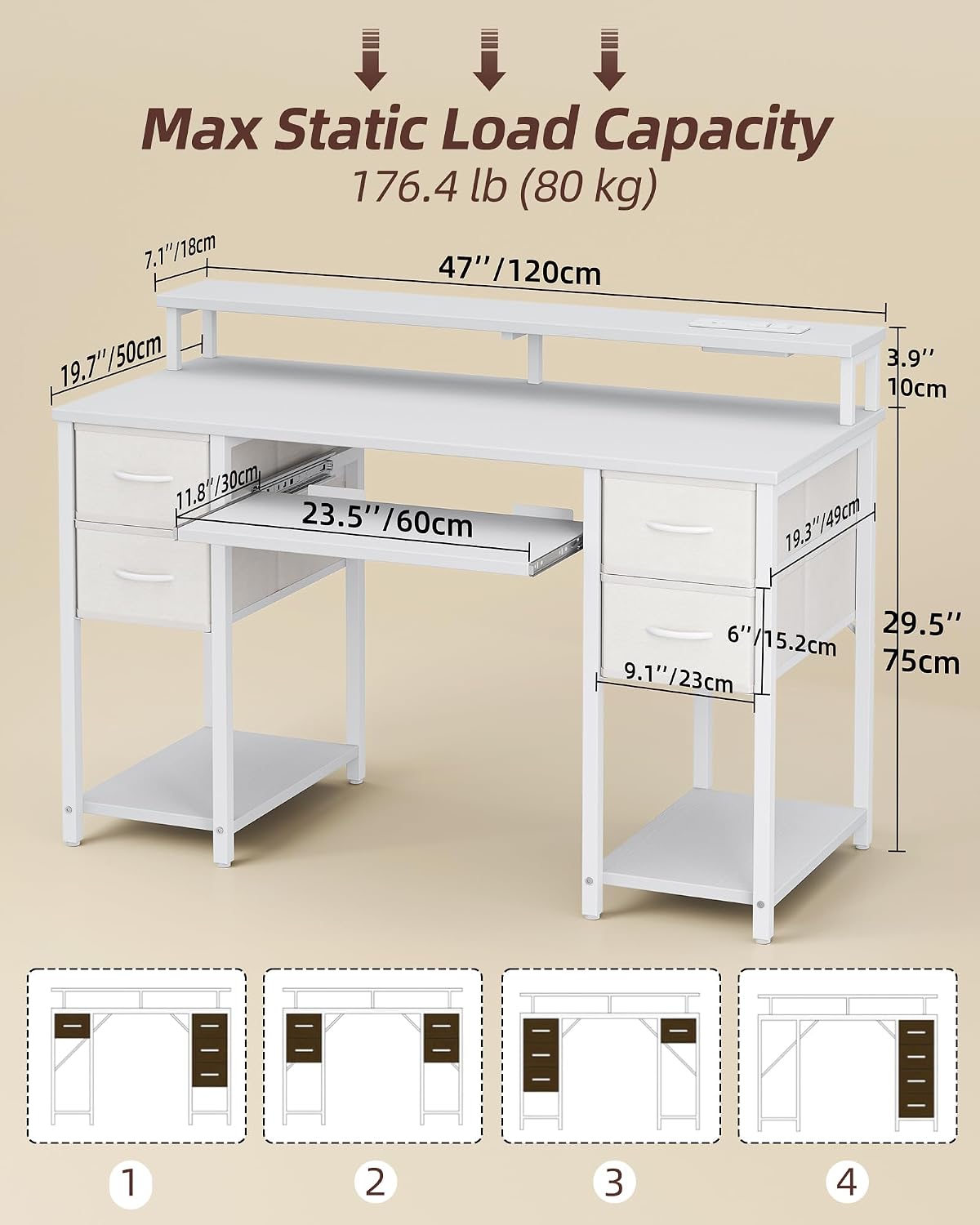 TIQLAB Computer Desk with Drawers and Power Outlets, 47 Inch Gaming Desk with LED Lights, Home Office Desk with Monitor Stand and Keyboard Tray, Study Writing Work Desk for Home Office, White