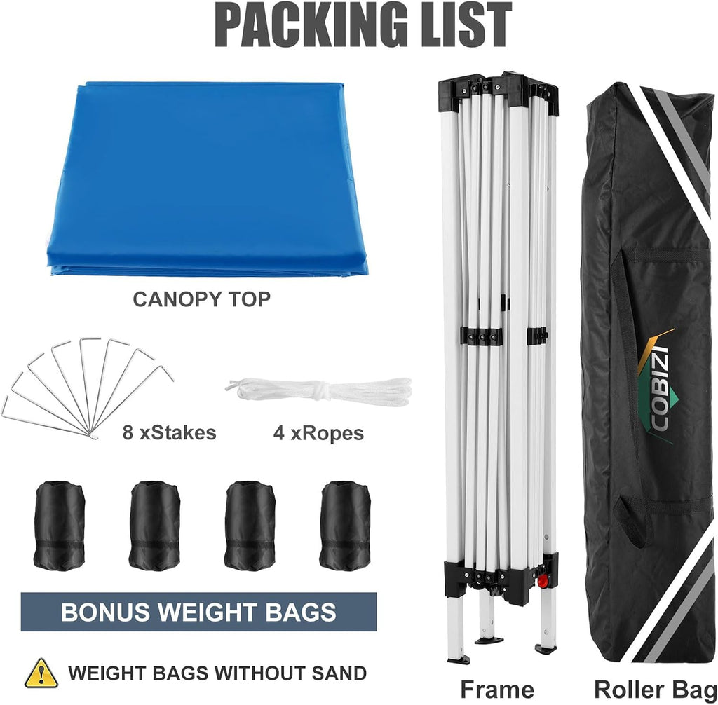 COBIZI 10x10 Pop Up Canopy Tent with 4 Sandbags, Easy Set Up Gazebo, Instant Outdoor Sun Shade &Waterproof Canopy with 8 Stakes,4 Ropes&Carry Bag, Tents for Parties, Beach, Backyard,Camping(Blue