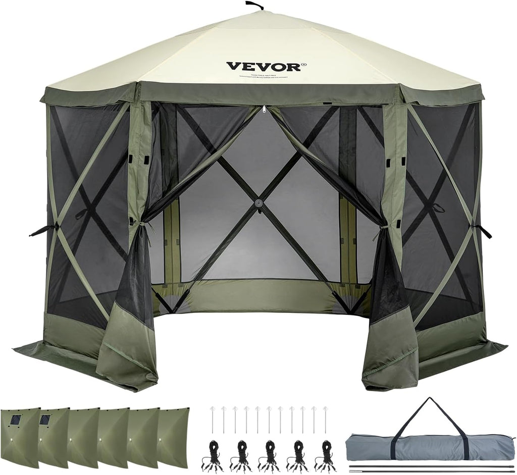 VEVOR 10x10FT Pop Up Gazebo Tent with Mosquito Netting, 6 Removable Wind Panels & Mesh Windows, 6-Sided Screen Canopy for Patio, Army Green