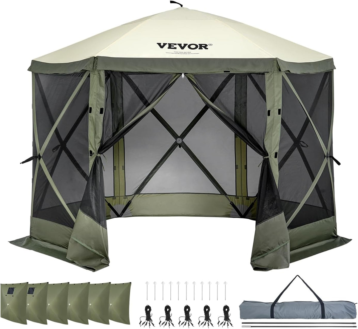 VEVOR 10x10FT Pop Up Gazebo Tent with Mosquito Netting, 6 Removable Wind Panels & Mesh Windows, 6-Sided Screen Canopy for Patio, Army Green