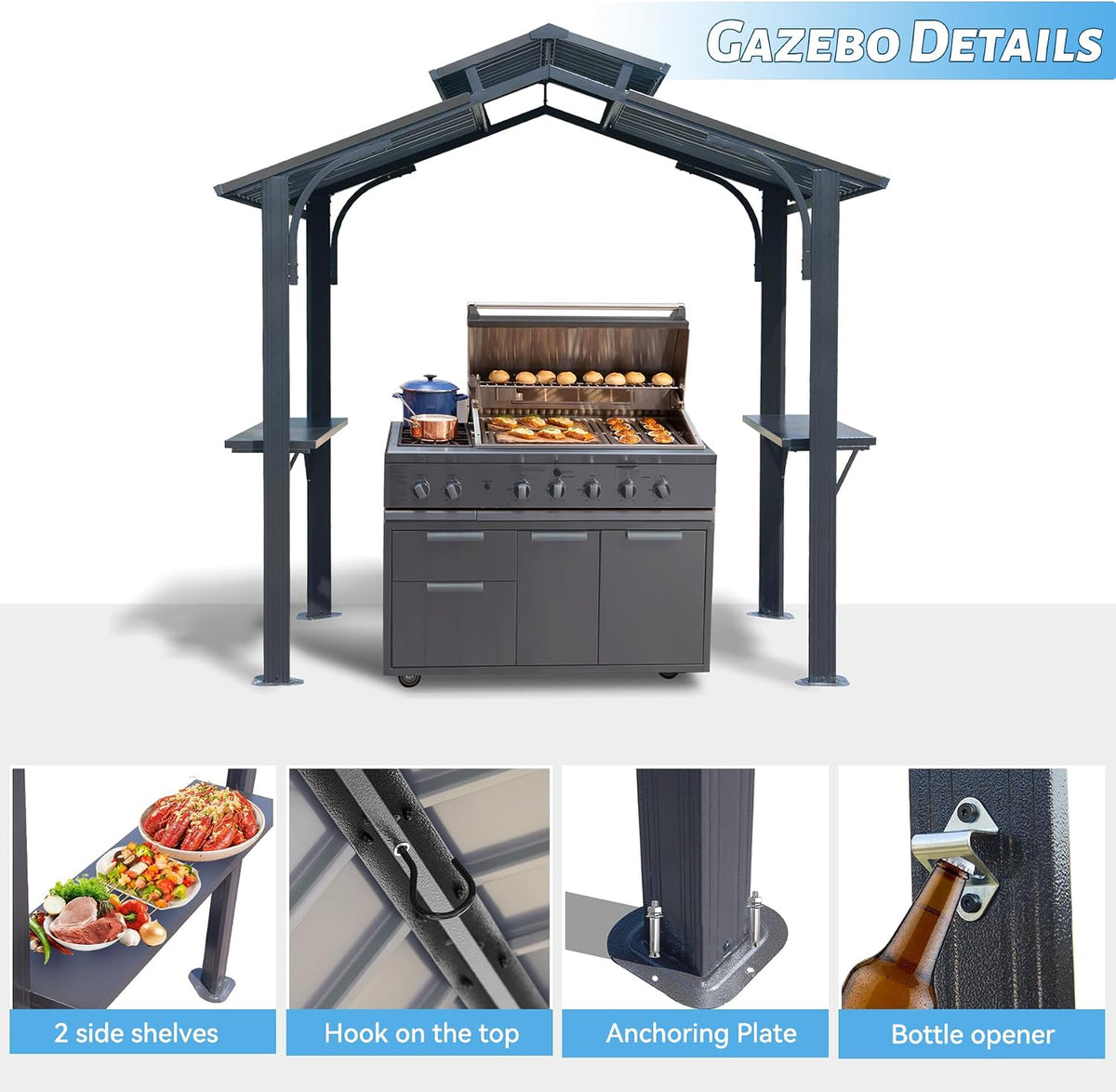8x5FT Hardtop Grill Gazebo, All-Weather Outdoor Gazebo with 2 Side Shelves and Ceiling Hook, Galvanized Steel Double Roof, Outdoor Metal Grill Canopy for Patio, Backyard, Lawn, Deck – Grey