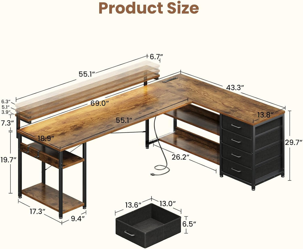 AODK 69' L Shaped Desk with Drawer, Computer Desk with Power Outlets & LED Lights, Reversible Corner Gaming Desks for Home Office Workstation, Office Table with Monitor Shelf, Vintage