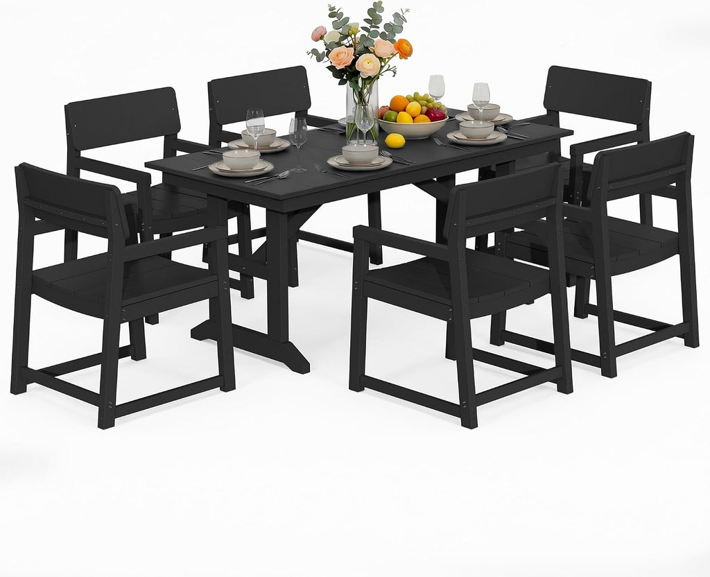 Vongrasig 7 Pieces Patio Dining Set, All Weather Outdoor HDPE Dining Furniture Set with Table and Chairs for 6, Patio Furniture Set with Umbrella Hole for Lawn, Backyard, Poolside, Black