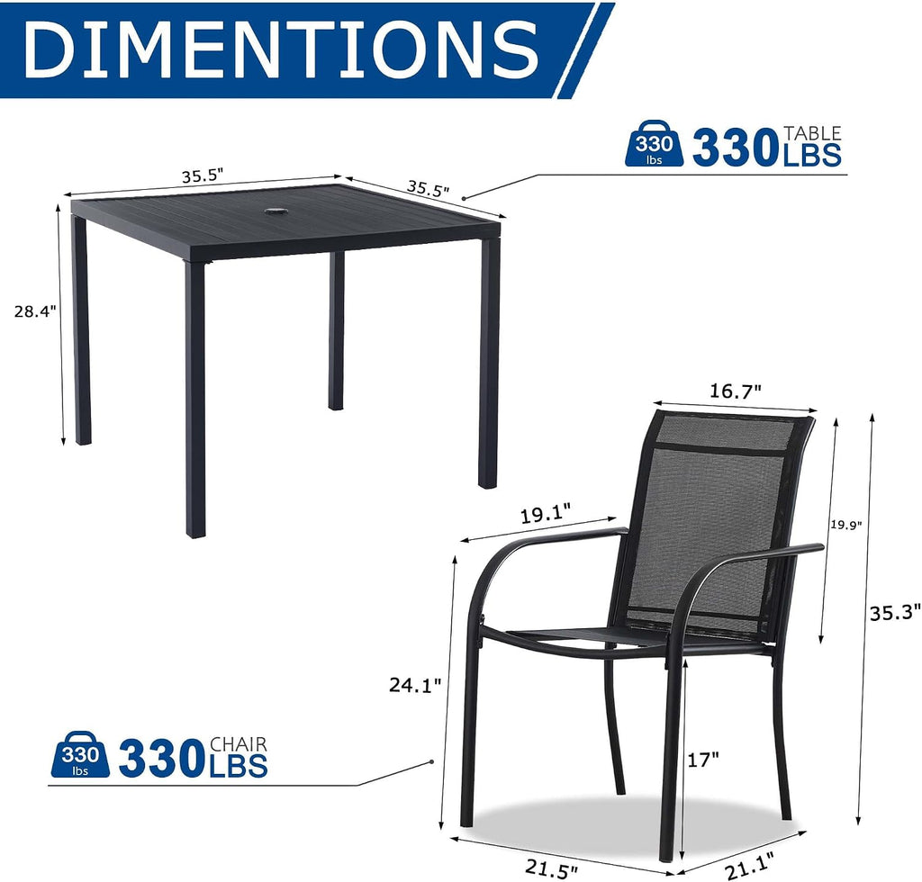5 Pieces Patio Dining Set for 4, Black Patio Stackable Chairs and Black Square Table Set of 4, Outdoor Furniture Set with Sling Support for Outside, Garden
