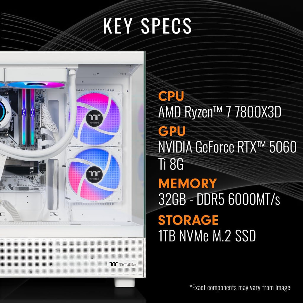 Thermaltake LCGS View 7860TS-270 Gaming Desktop (AMD Ryzen™ 7 7800X3D, ToughRam 32GB DDR5 6000MT/s RGB Memory, NVIDIA® GeForce RTX™ 5060 Ti 8G, 1TB NVMe M.2, WiFi, Windows 11) V27S-B85K-56T-LCS