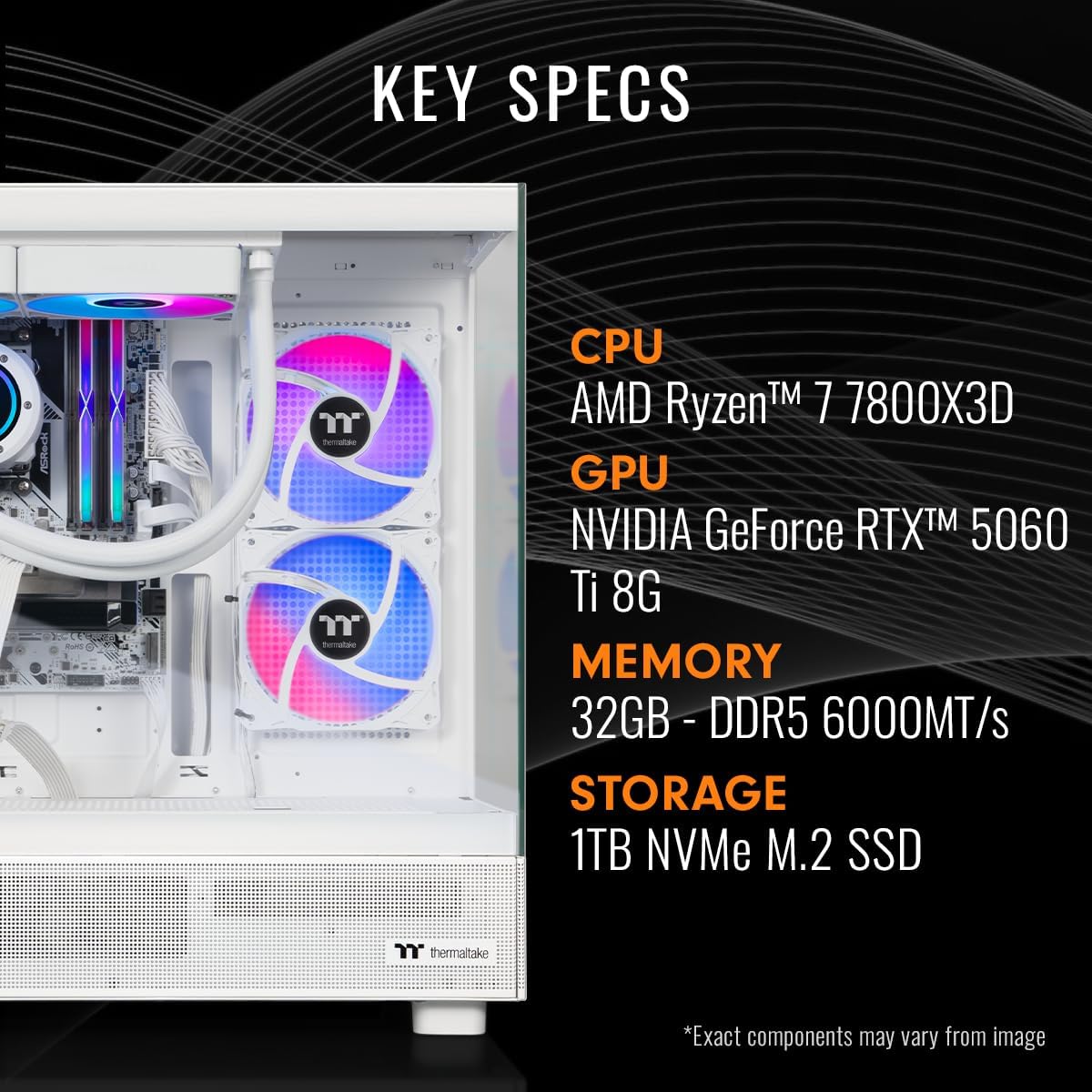 Thermaltake LCGS View 7860TS-270 Gaming Desktop (AMD Ryzen™ 7 7800X3D, ToughRam 32GB DDR5 6000MT/s RGB Memory, NVIDIA® GeForce RTX™ 5060 Ti 8G, 1TB NVMe M.2, WiFi, Windows 11) V27S-B85K-56T-LCS