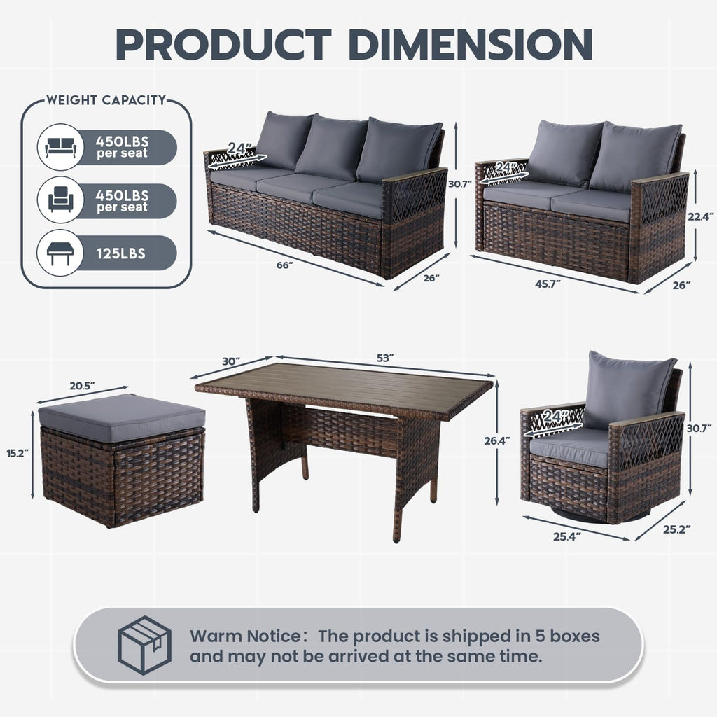 MELLCOM 7-Piece Patio Conversation Set, Outdoor Swivel Glide Chairs with Ottomans, 3-Seat Sofa, Loveseat & Dining Table, All-Weather Furniture Set with Water-Resistant Cushion & High Back for Backyard